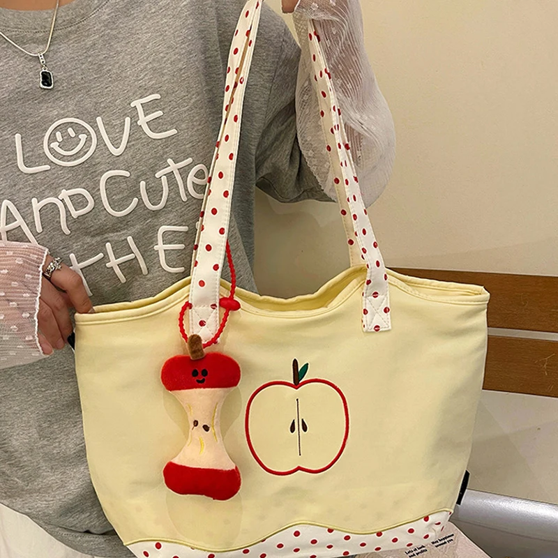 Cute Red Apple Polka Dot Tote Bag Large Capacity Handbag Sweet Casual Single Shoulder Purse Daily Commute Shopping Work Travel