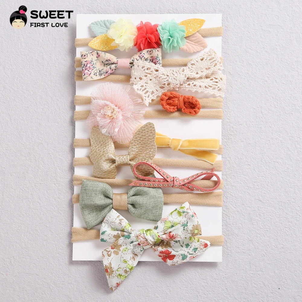 Hair Bands Sets Battle Color Multi-style Bow Headband Soft Nylon Elastic Hair Bands For Baby Girls Hair Accessories 10 Pcs/Set