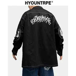 Hip Hop Shirts Harajuku Letter Printed New Casual Long Sleeve Single Breasted Shirts for Men High Street Loose Tops Cargo Shirt