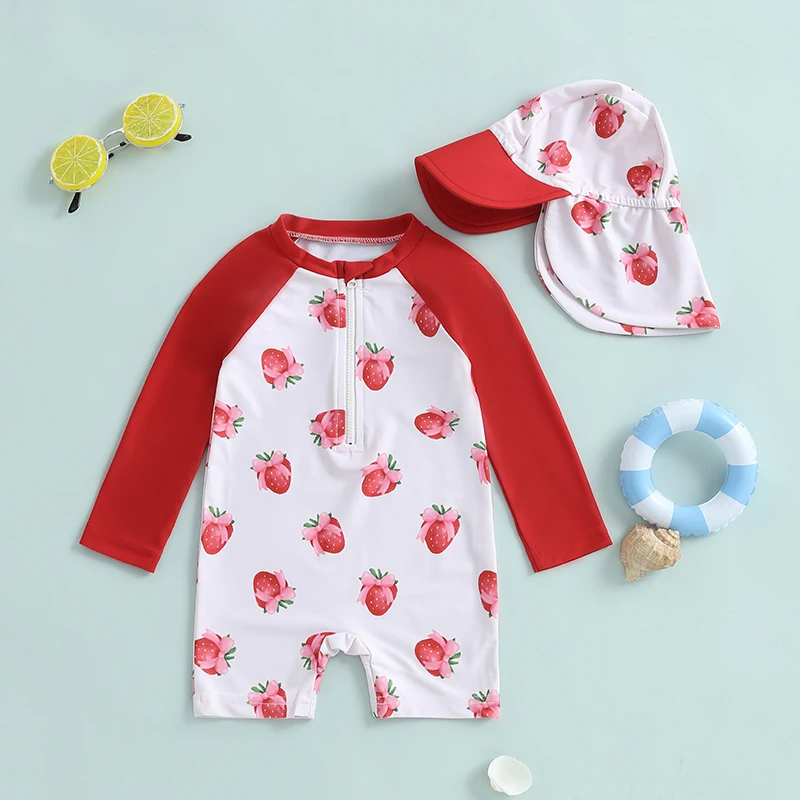 Rash Guard-Maillot de bain à manches longues et col rond pour bébé fille, 2 pièces, avec chapeau et nœud papillon, motif Harvey, fermeture éclair