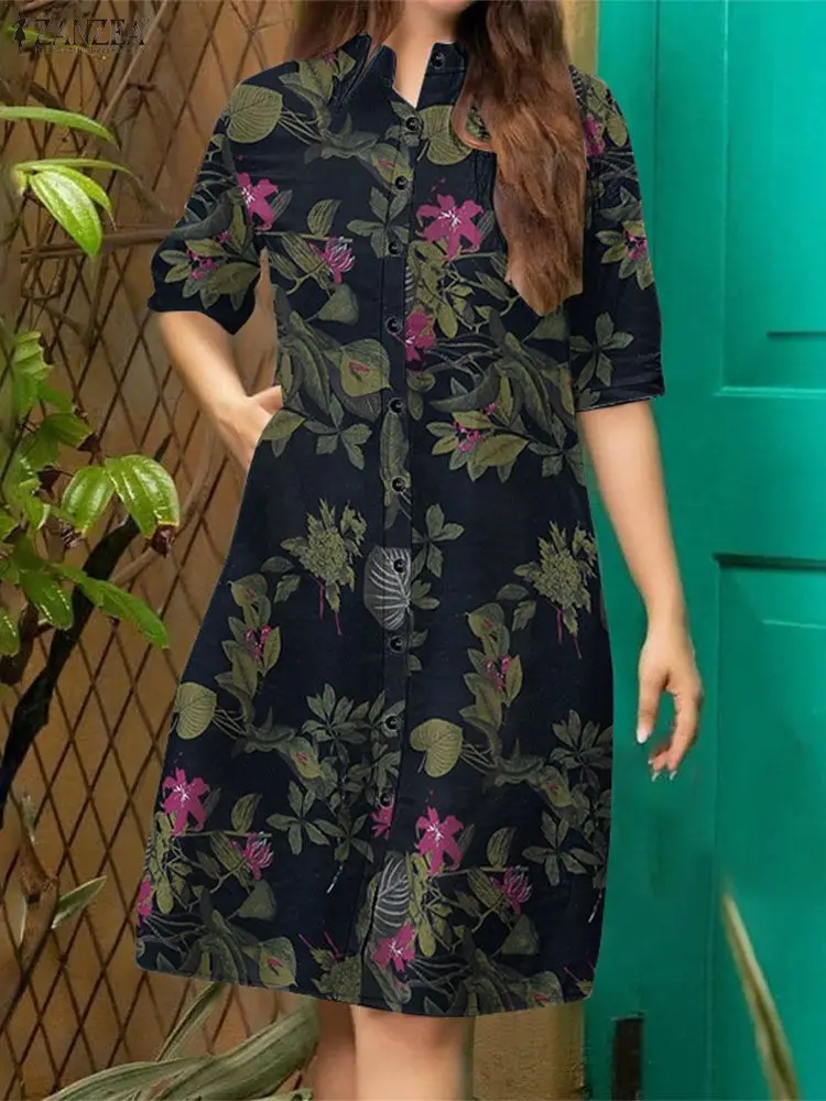 เดรสพิมพ์ลายวินเทจ 2025 ZANZEA ชุดเดรสแฟชั่นฤดูร้อนสำหรับผู้หญิง คอตั้ง แขนครึ่งตัว ชุดเดรสลำลองติดกระดุม