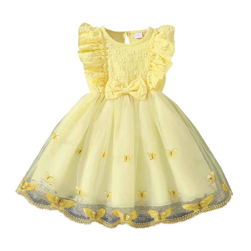 Robe pour filles jaune col rond manches volantes Tulle nœud papillon 8-12 ans été élégant Style doux robe de princesse enfants vêtements