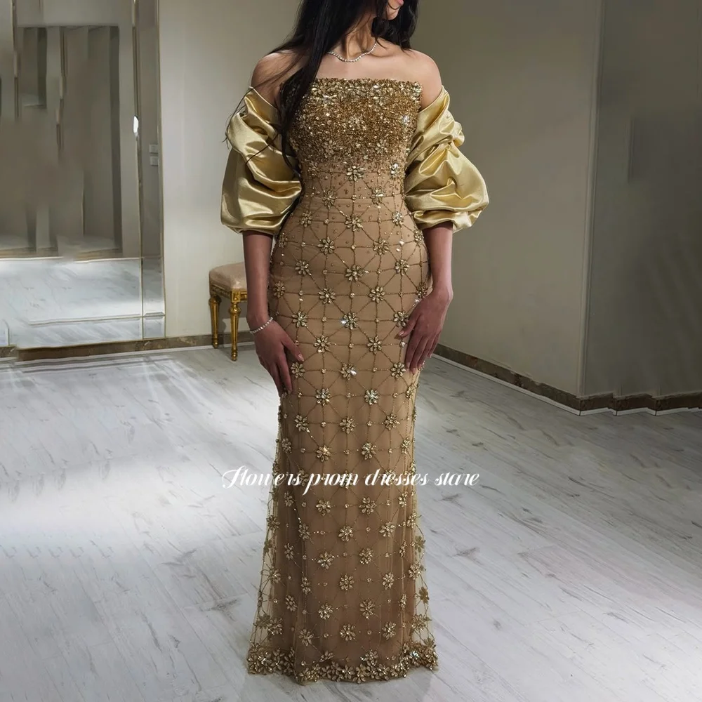 Flowers Champagne Prom Dress with Crystal Stones Party Dress with Pleats Off Shoulder Gala Dress فساتين مناسبة رسمية Customized