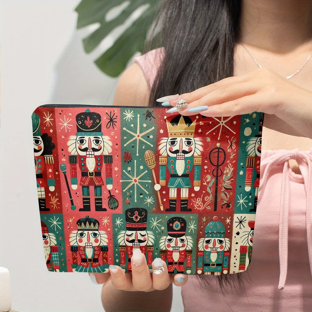 Christmas Nutcracker Print Makeup Bag Xmas Soldier Cosmetic Pouch Holiday Travel Zipper Storage Pouch Christmas Gift For Women