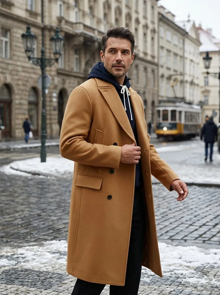 Men Wool Blends Overcoat Double Breasted Classic Lapel Long Trench Coat Formal Work Y2k Streetwear Casual Jacket Autumn Winter