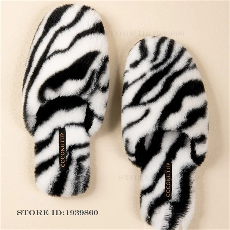 Autumn Winter New Fluffy Slippers Sandals Fashion Zebra Pattern Home Slippers Flat Shoes Anti Slip Silent Couple Warm Slippers