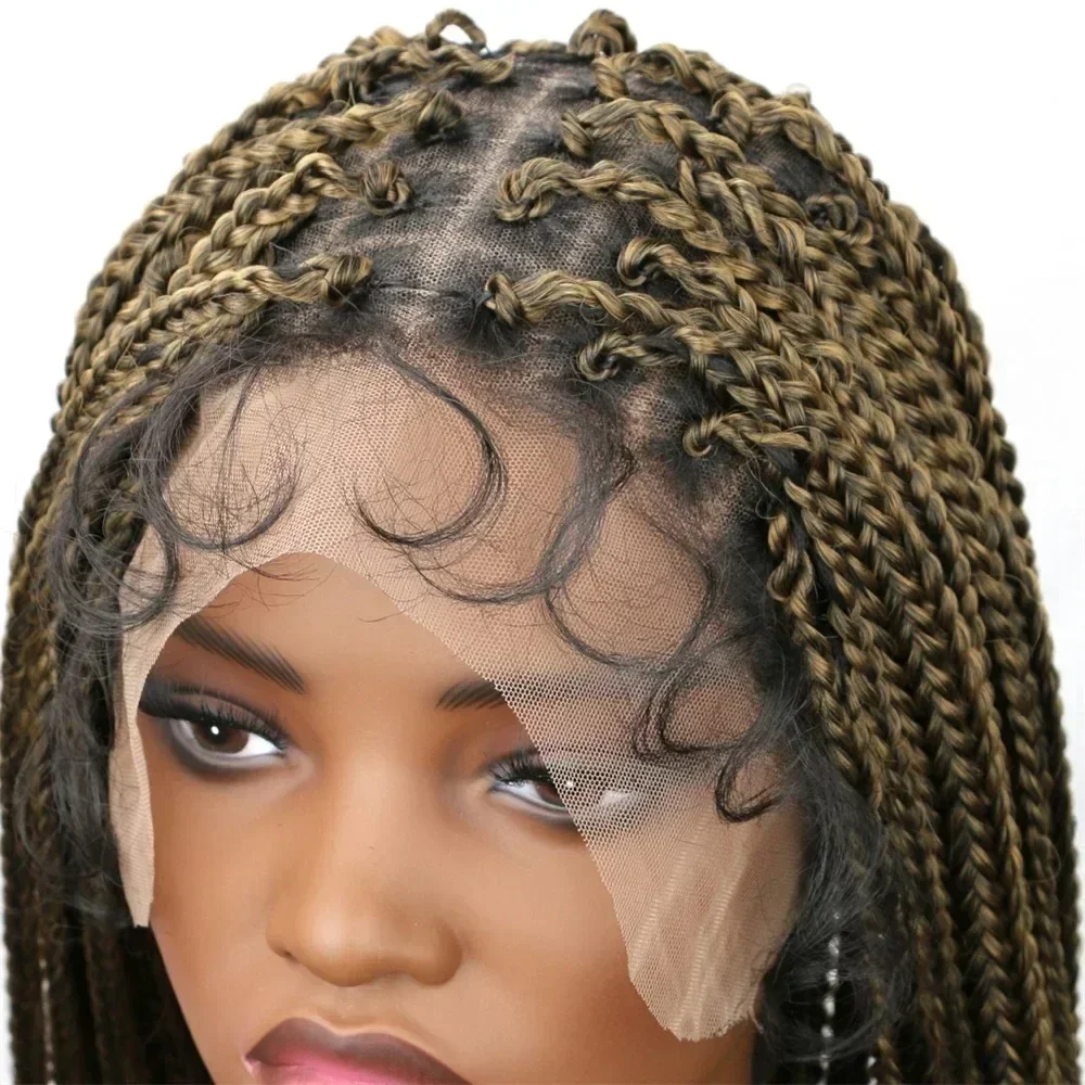 Boîte de perruques tressées pour femmes noires, Boho synthétique, sans nœud, extrémités ondulées, Full Lace Front Afro, tresses, cheveux de bébé, 36 ", 03 utilisation