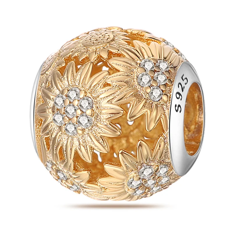925 Sterling Silber Goldene Sonnenblumen-Perle, Geeignet für Original Damen-Armband DIY Schmuck Geschenk