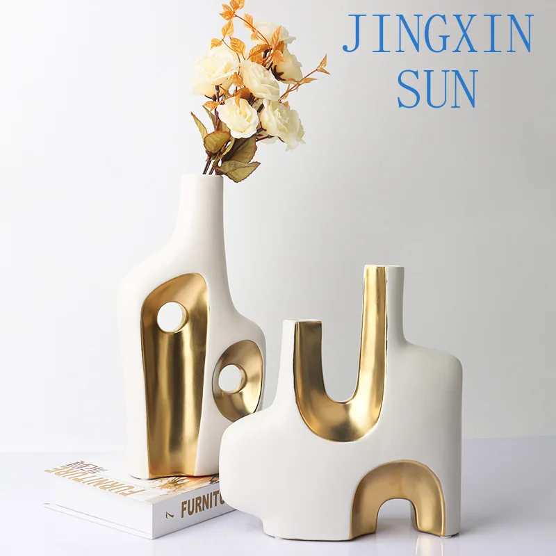 Modern Creative Art Luxury Ceramic Vase Flower Container Living Room Porch Desktop Home Decoration Gold Plated Vase