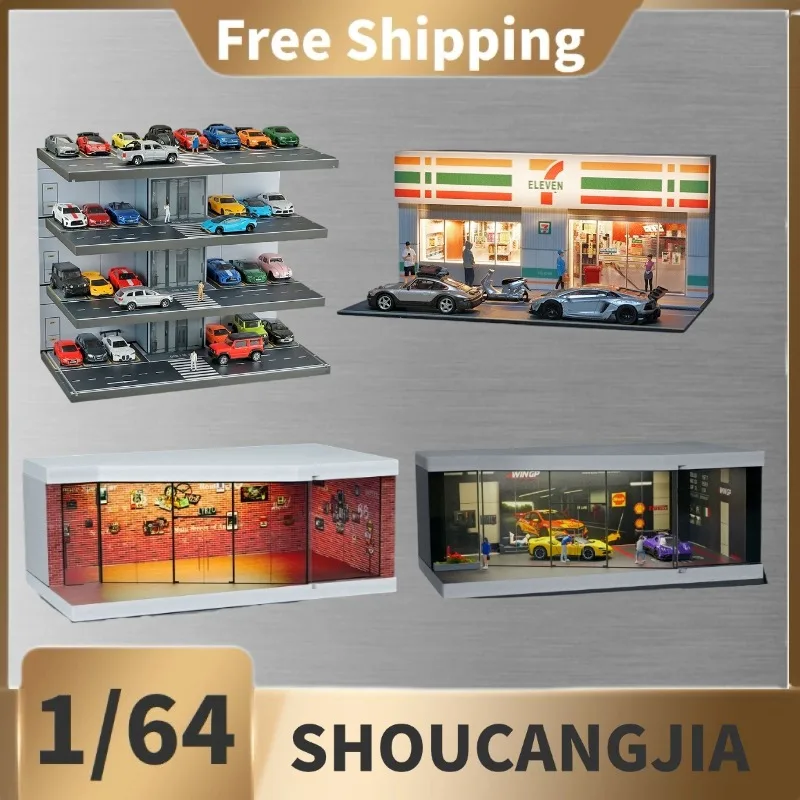 （In Stock）Collector 1: 64 parking lot, illuminated garage scene, exhibition hall model dust-proof storage display box