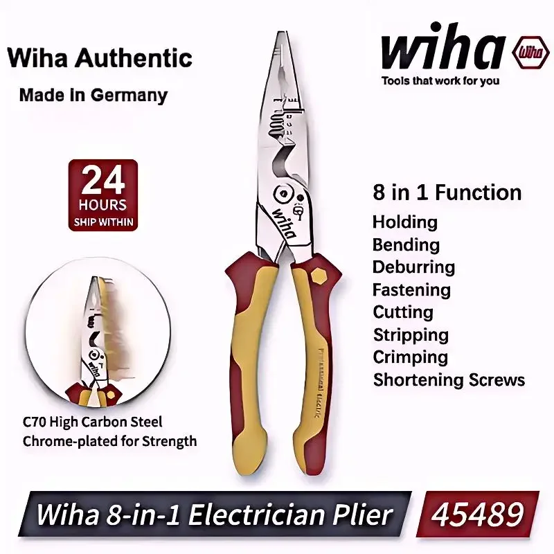 Wiha 45489 Multifunctional 8-in-1 Industrial Electrician Insulated Wire Strippers Pointed Crimping and Cutting Pliers 1000V VDE