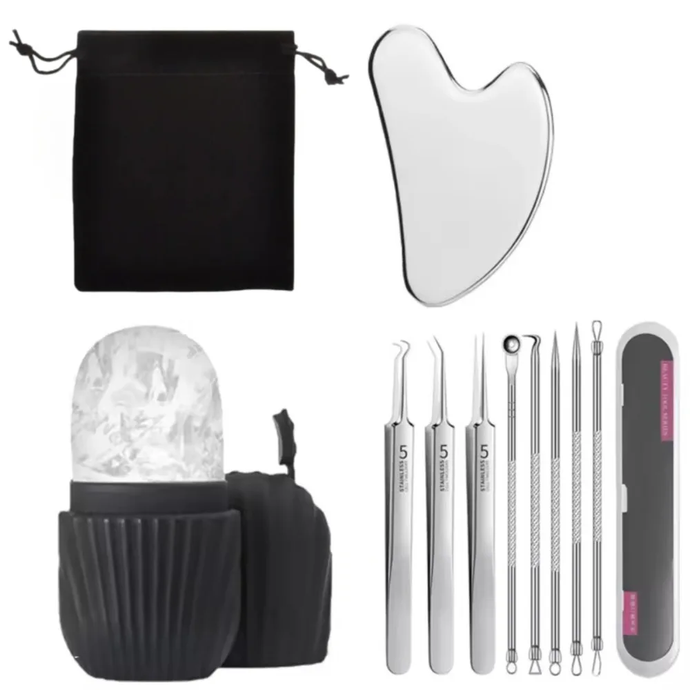 Facial Care Beauty Set Face Ice Roller Stainless Steel Gua Sha Board Massage Roller Acne Blackhead Remover Clip Skin Care Tools