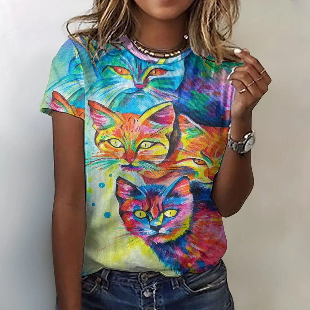 Fashion Women\'s T-Shirt Cat Printed Short Sleeve Female Harajuku Tees T Shirt Oversized O-Neck Tops Animal Funny Ladies Clothing