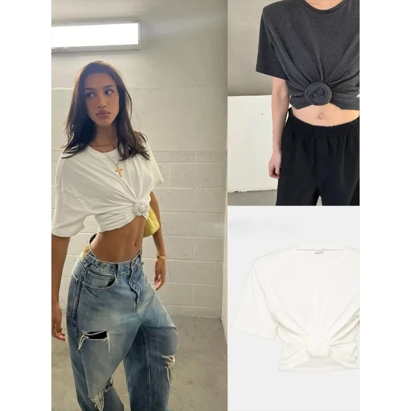 

Midriff-baring Padded Shoulder Short-sleeved T-shirt Y2k Knotted Twist Knitted Threaded Round Neck Top Women LUXURY