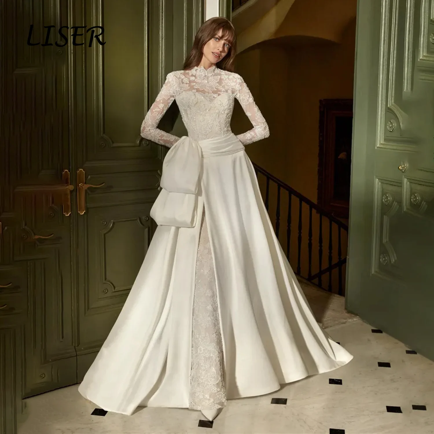 Liser Customized Ivory High Neck Long Lace 2-piece Wedding Dress Satin Overskirt High Slit Big Bow Detail Luxury Robe De Mariée
