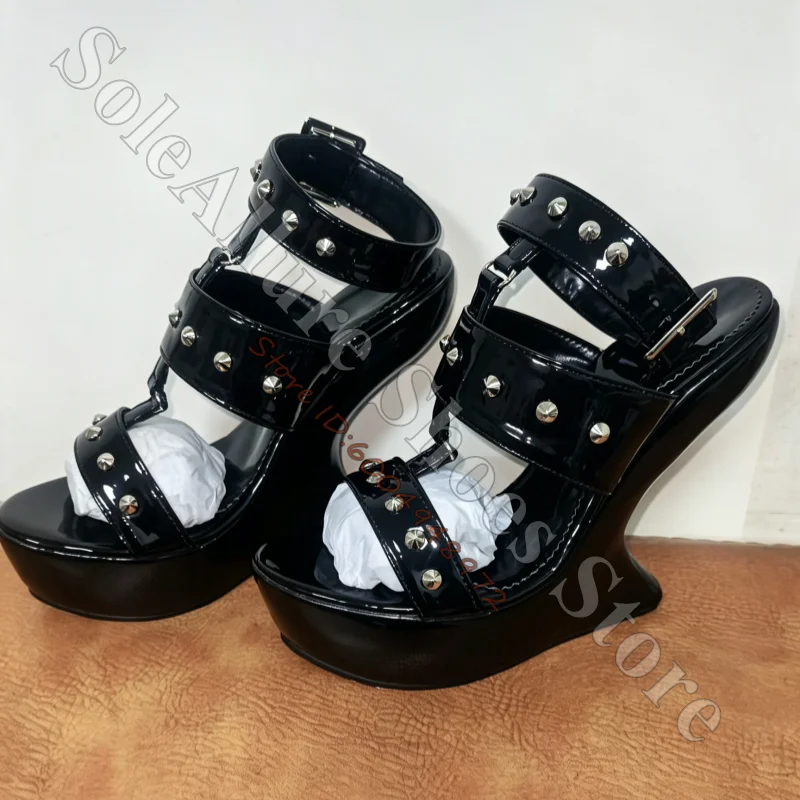 Ladies Black Studded Patent Wedge Sandals Open Toe Multi Straps Adjustable Ankle Buckle Sculptural Platform Sandals