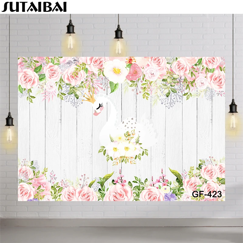 

Happy Birthday Party Backdrops Swan Princess Girl Decor Wooden Board Photography Background Studio Photophone Photozone Props