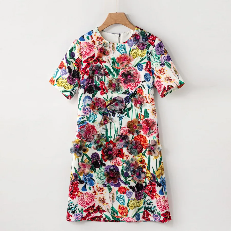 

European and American women's clothing 2025 summer new Short sleeve Round neck Floral print beading Fashion dress XXL