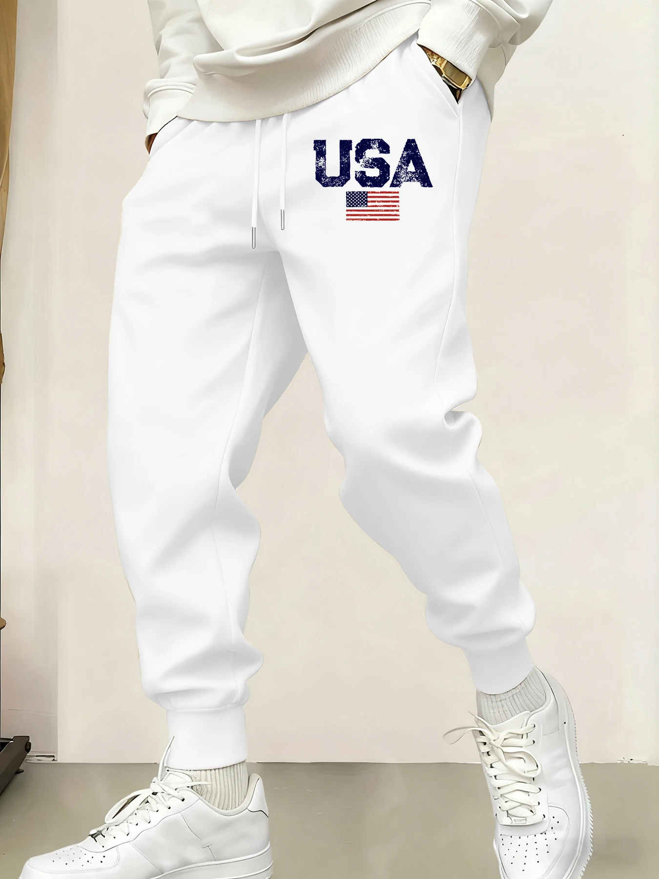 Usa Letter American Flag Printed Man's Sweatpants Casual Elastic Waist Pants Sports Drawstring Pant Soft Warm All-Match Britches