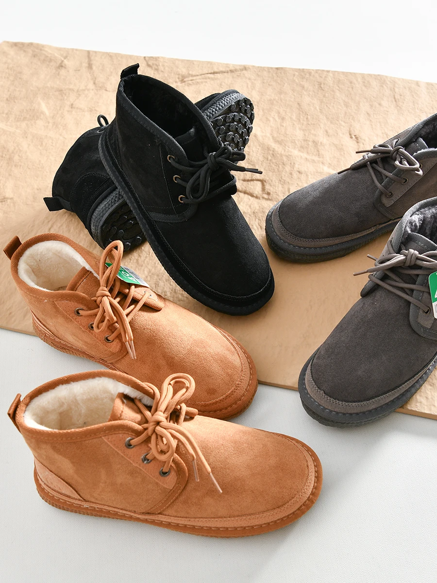 

Warm Fleece Lined Winter Boots Men's Fashionable Lace-Up Snow Boots Thick Bottom Rubber Sole round Toe Short Boot