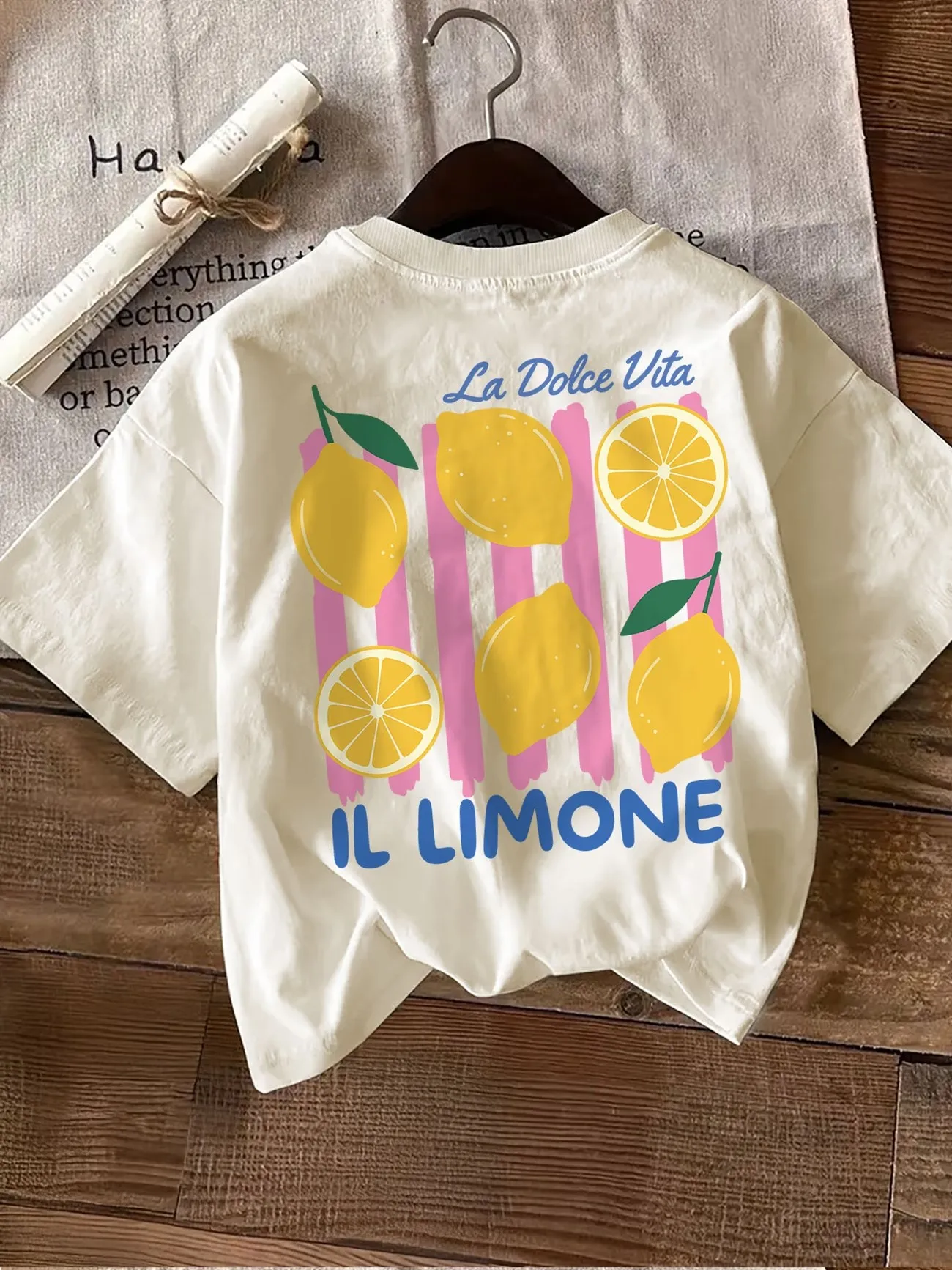Oversize Retro Lemon La Dolce Vita 100% Cotton Women's Print T-Shirt Soft Crew Neck Short Sleeve Top Vintage Shirt Lemon Design