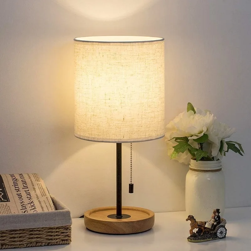 

Bedside Table Lamp - Modern Nightstand Lamp with Linen Fabric Shade Wooden Desk Lamps for Bedrooms, Office, College Dorm