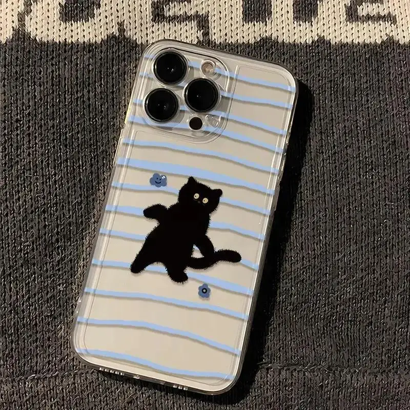 

Ins Striped Black Cat Phone Case For iPhone 17 16 15 11 12 14 13 Pro Max Mini X XS XR 7 8 Plus SE4 16E Soft Transparent Cover