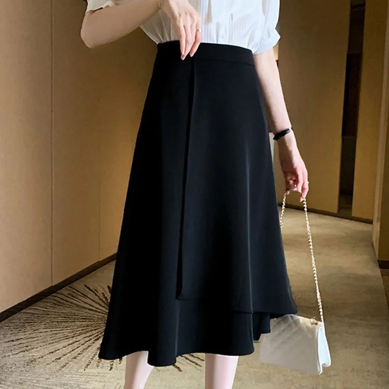 Skirts Ladies 2022 Korean Fashion Vetement Femme Skirts Women Long A-line Black Skirt High Waist Blue Solid Chiffon Office Wear велошлем alpina 2022 comox dove blue grey matt женский a9751 84