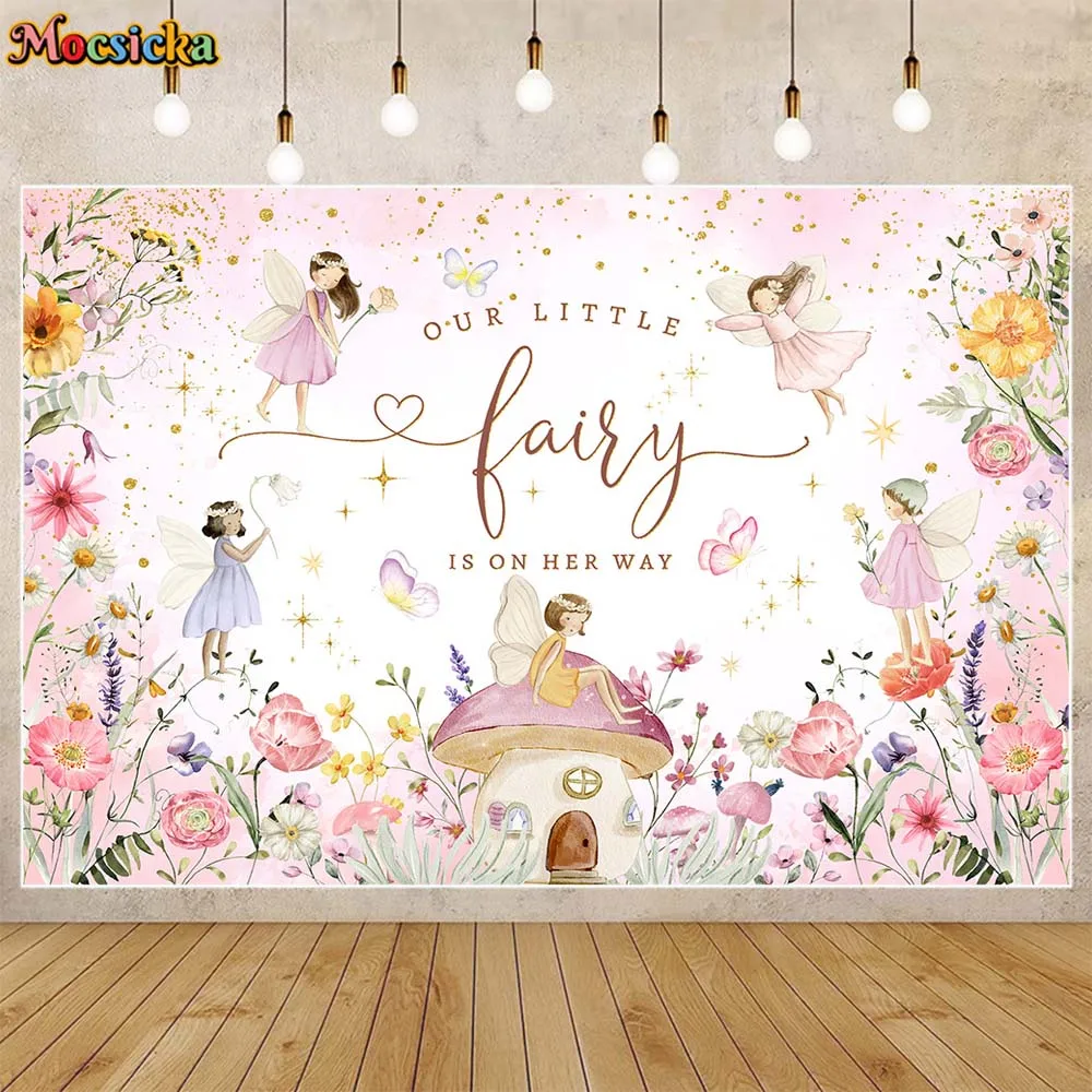 

Mocsicka Girl Baby Shower Backdrop Our Little Fairy Is On Her Way Newborn Welcome Party Decor Background Photoshoot Banner Props