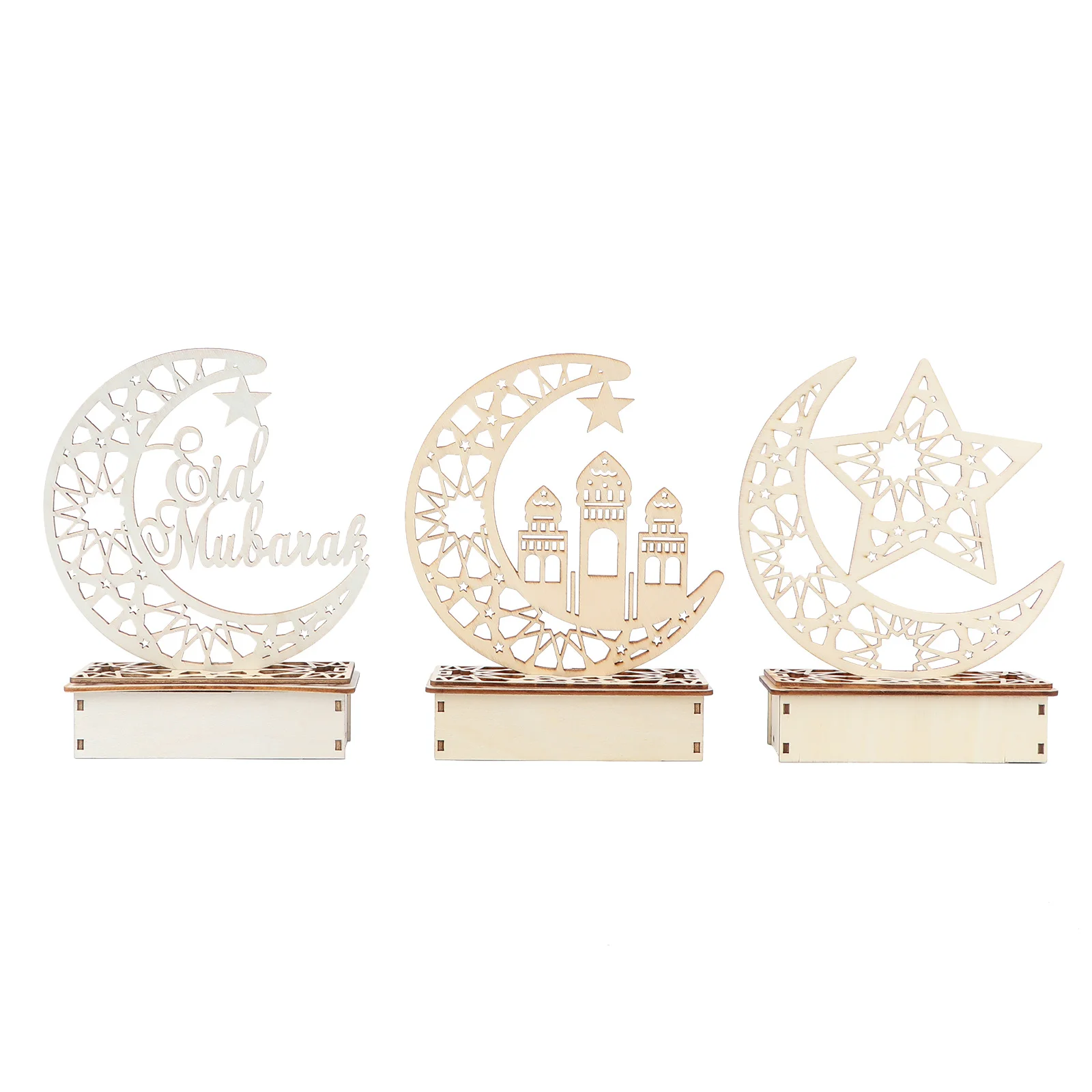 3Pcs Hollow Wooden LED Ornament Eid Mubarak Ramadan Festival Home Decoration DIY LED Palace Eid Wooden Ornament