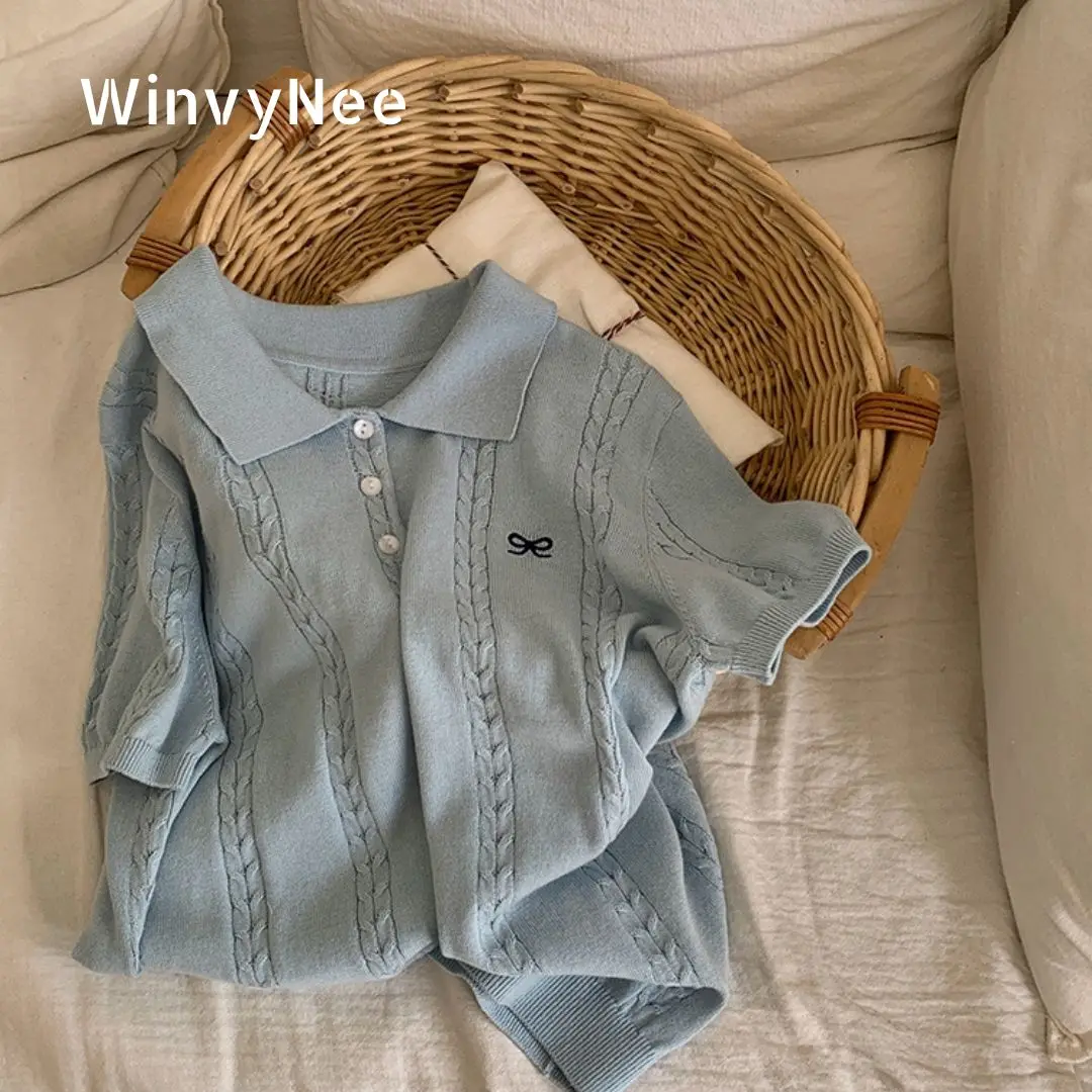 

Женские хлопковые свитера WinvyNee на весну-лето, рубашки-поло с коротким рукавом, футболки с бантом, повседневная верхняя одежда, пуловеры, топы A1522066