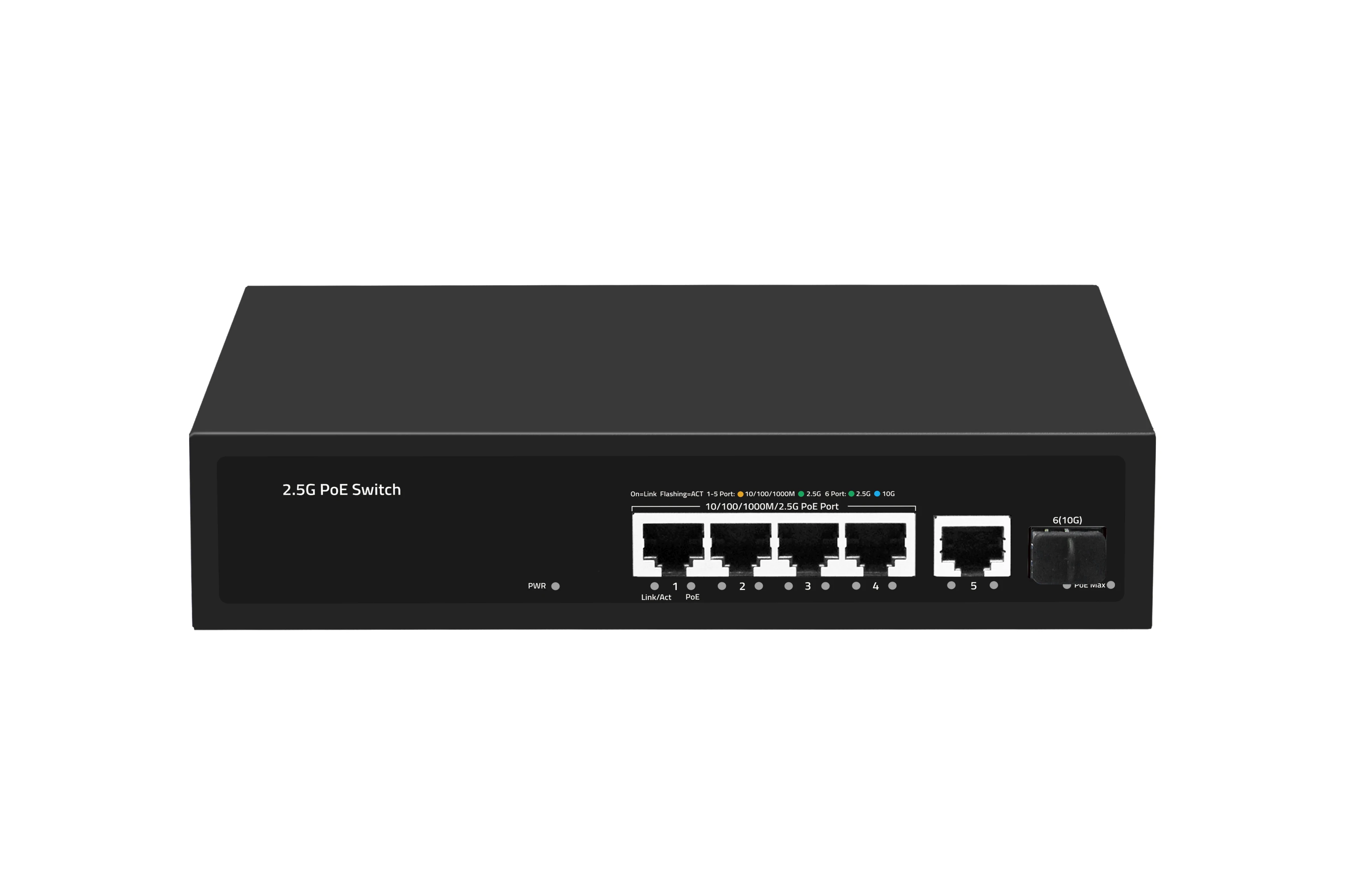 4-Ports 2.5G PoE Switch with 1*10G SFP+ fiber port, 1*2500Mbps RJ45 uplink ports and 4*2500Mbps PoE ports.