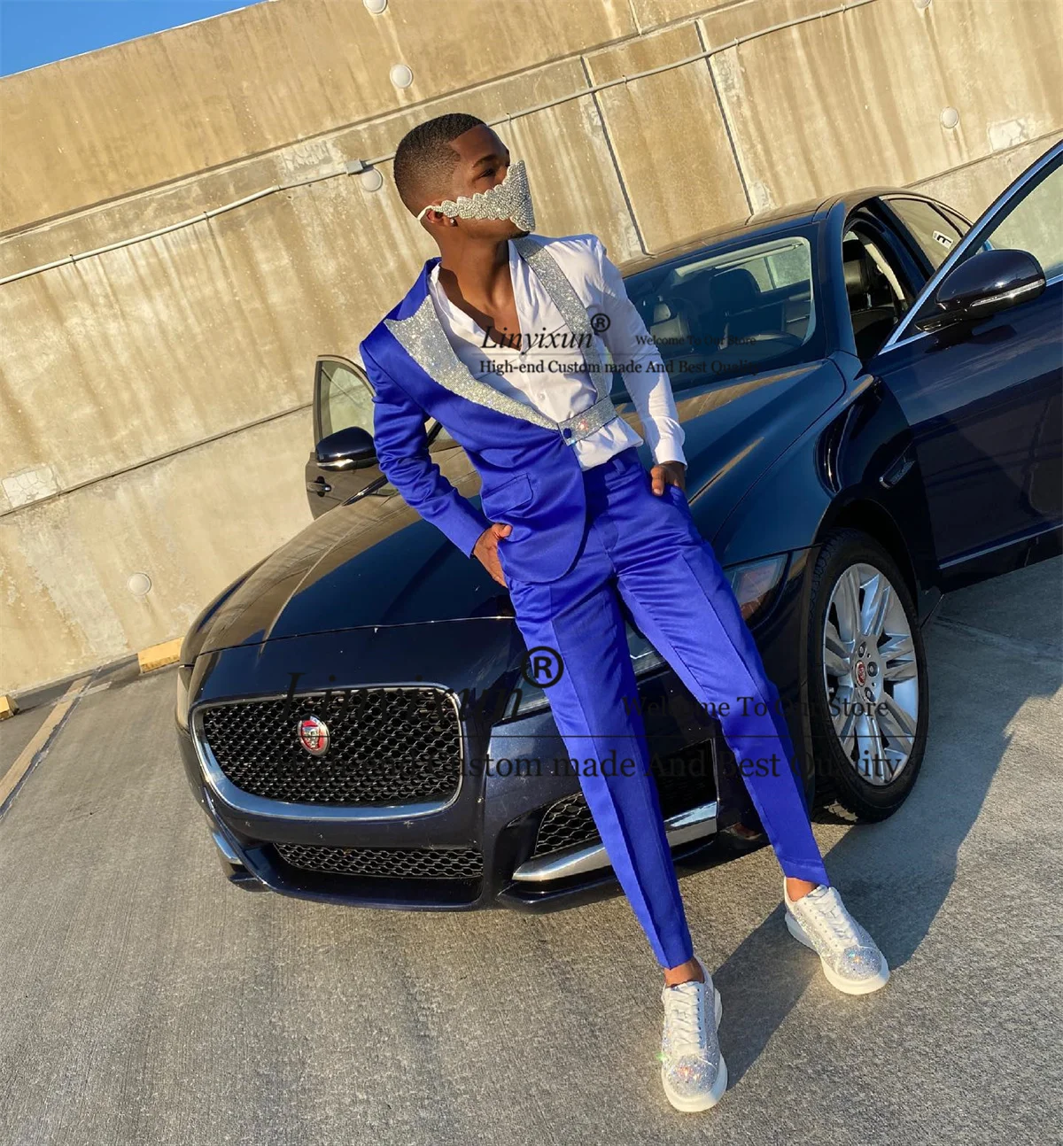 Fashion Half Men Suits Glitter Sequins Lapel Groom Tuxedos 2 Pieces Set Wedding Party Prom Blazer Royal Blue Slim Costume Homme