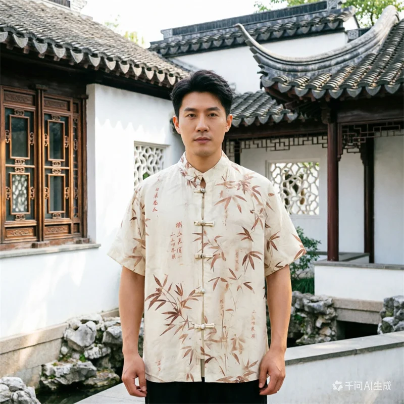 

Men's New Chinese-style Bamboo Leaf Printed Short-sleeved Shirt, Thin Summer Stand Collar Button-up Top,linen Texture Tang Suit