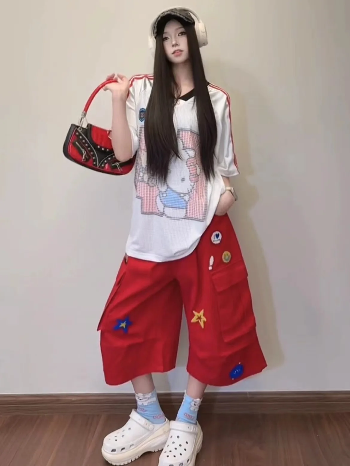 

Summer Casual Loose Fit Seven-Foot Jeans Men's Women's Star Embroidery Multi-ket Pleated Red Workwear orts Straight Leg