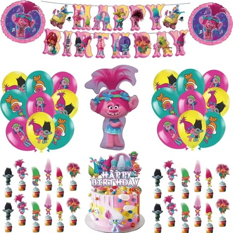 Disney Trolls Balloons Fairy Girl Magic Hair Elves Ballons Party Happy Birthday Banner Cake Topper Background Stickers Tableware