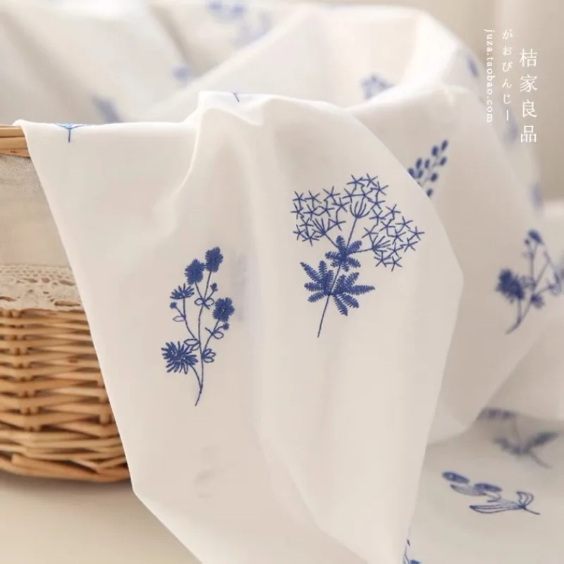 150x50cm Blue Small Leaf Embroidered Fabric, White Poplin Embroidered Fabric 2022 Clothing Fabric Tablecloth Cloth