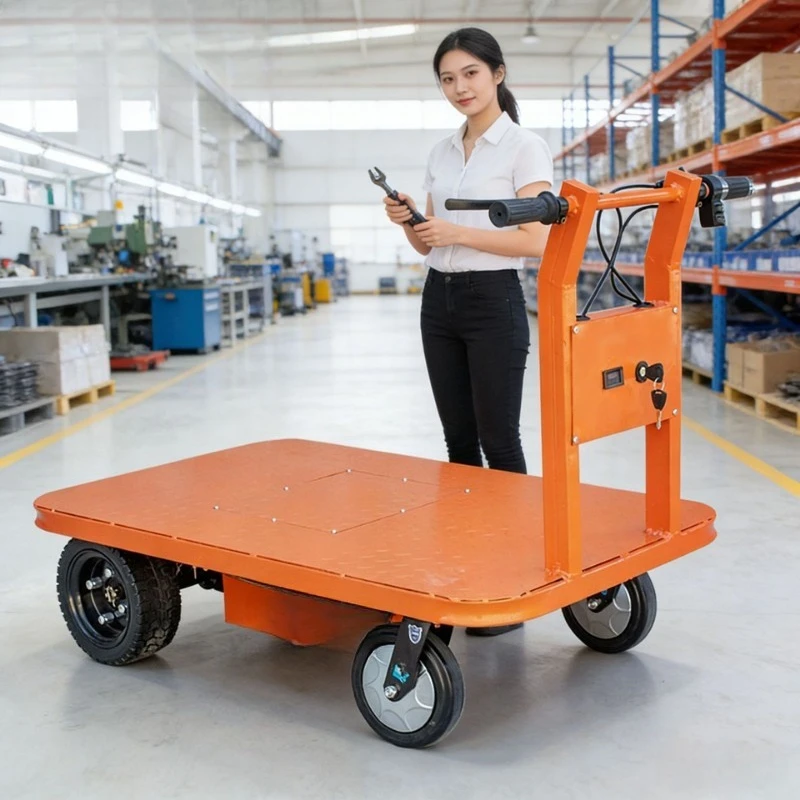Electric flatbed handling vehicle, four-wheel manual transport, construction site warehouse hauling, factory greenhouse turnover
