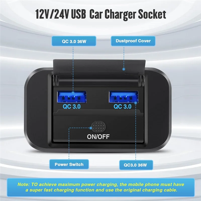

4PCS USB Outlet 36W Dual QC3.0 Quick Charge Socket 12V 24V RV Switch Panel Car Charger For Marine Boat ATV Motorcycle