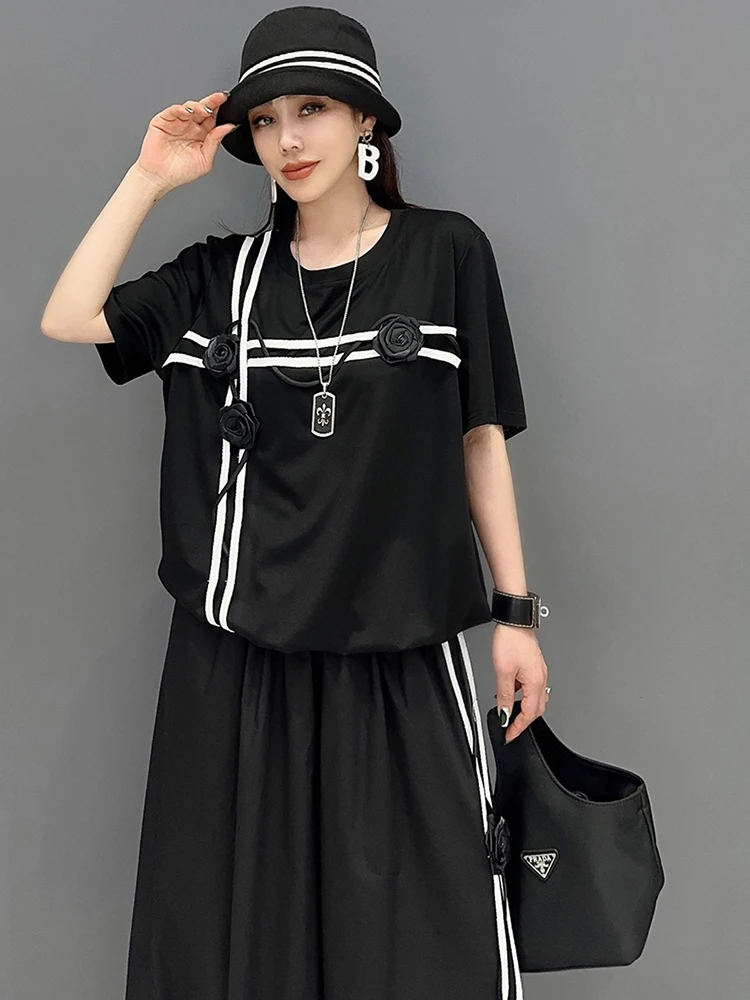 SHENGPALAE 2024 Spring Summer New Set Short Sleeved T-shirt Half Length Skirt Two Piece Set With Three-dimensional Flower 5R9591