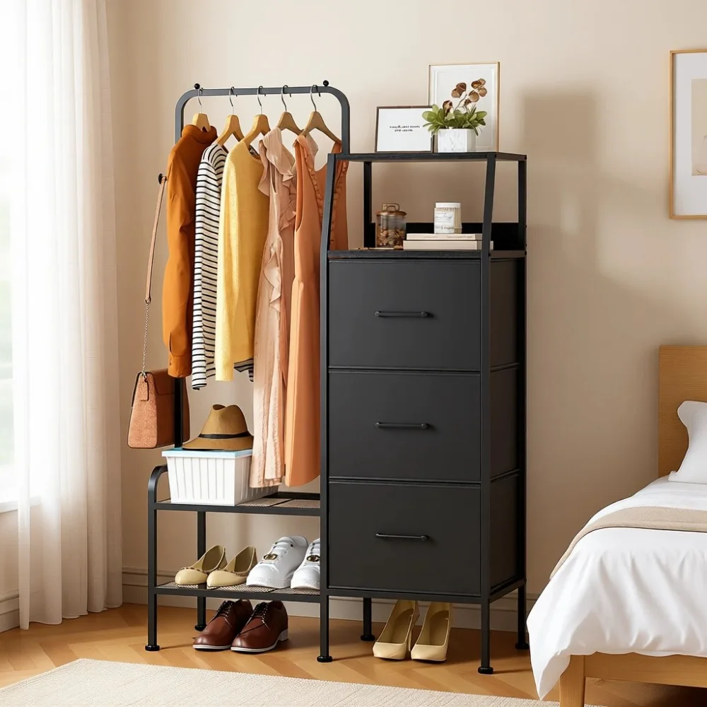 

Kids Dresser with Hanging Rack and Three Fabric Drawers Reversible Tall Storage Tower for Small Spaces 49.21 Inches High