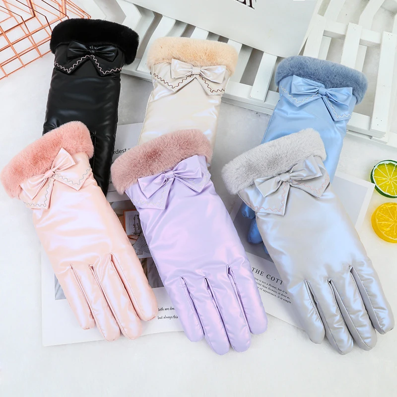 Women Winter Plus Velvet Thicken Warm Touch Screen Shiny Fashion Cute Elegant Plush Wrist Bow Waterproof Sports Climbing Gloves