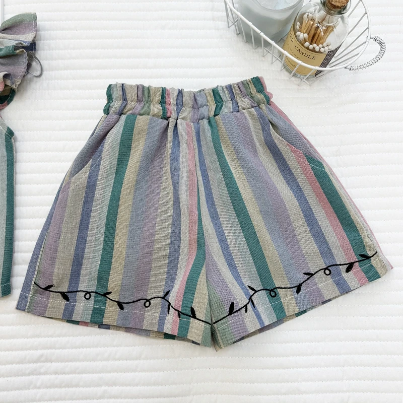 

2026 Summer New Hot Selling Colorful Striped Flying Sleeve Design Tank Top and Shorts Two Piece Set