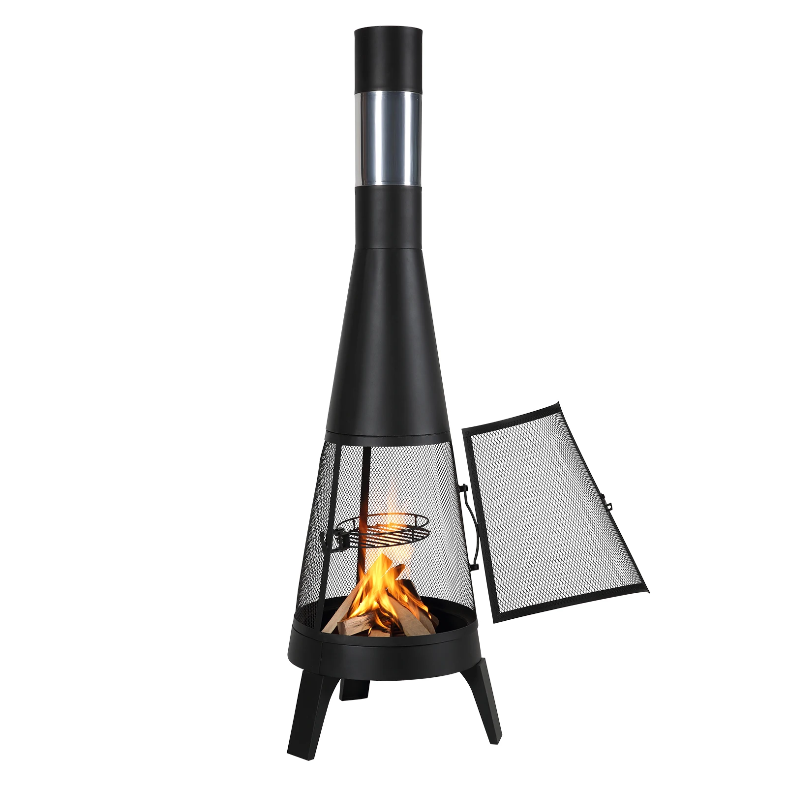 SucceBuy Chiminea 20 Inch Outdoor Wood Burning Firepit with Grill Mesh Chimney Coat & Rustproof Chiminea Lid for Patio Backyard