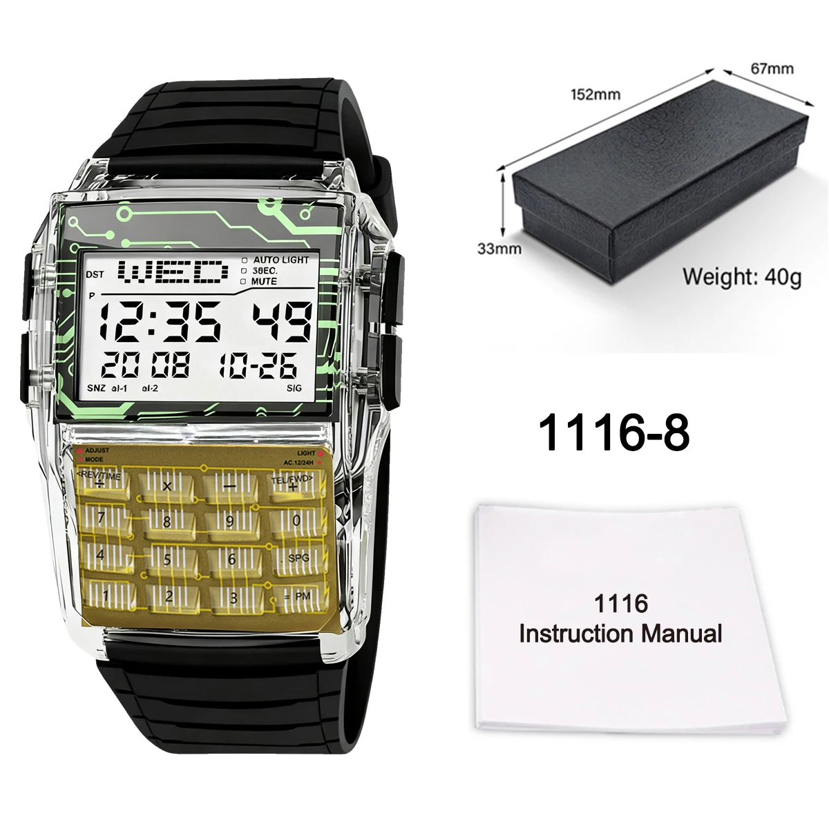 Men's Transparent Case Plastic Watch, Multifunction