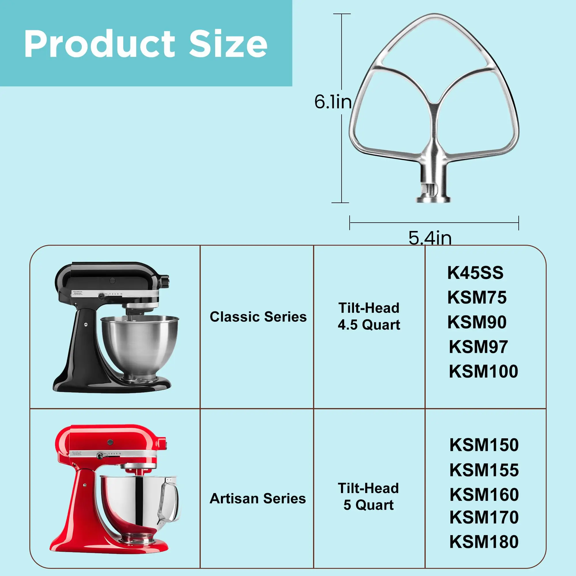 Mixer Attachments for Kitchenaid 4.5-5QT Tilt-Head Stand Mixer Stainless Steel K45WW Wire Whip K45DH Dough Hook Flat Edge Beater