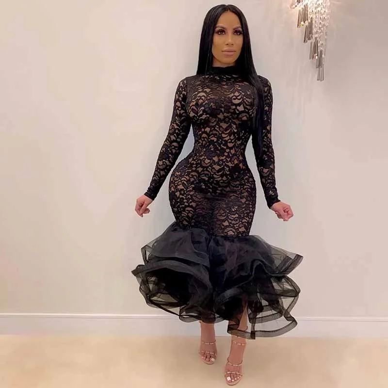 Sexy Nacht Party Hochzeit Abend Spitze Kleid Frauen Durchsichtige Aushöhlen Cascading Rüschen Meerjungfrau Bodycon Midi Kleid Vestidos
