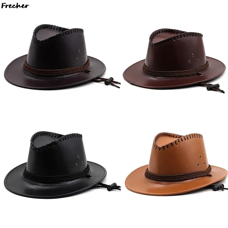 Western Knight Hats Men Gentleman Jazz Hat Leather Panama Cowboy Travel Chapeau Vintage Sombrero Grassland Sunshade Jeans Caps