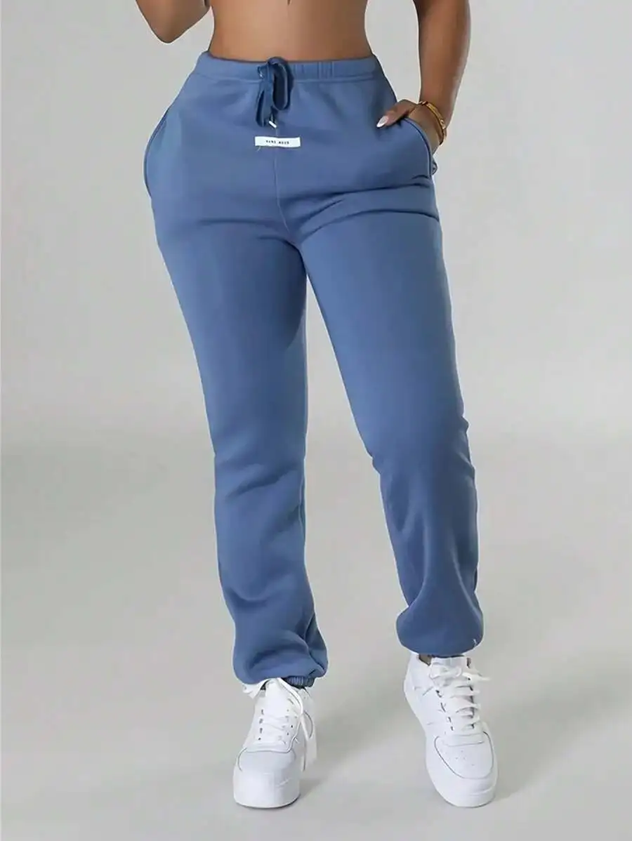 

Women's Solid Blue Jogger Pants with Drawstring Waist and Front Pockets
