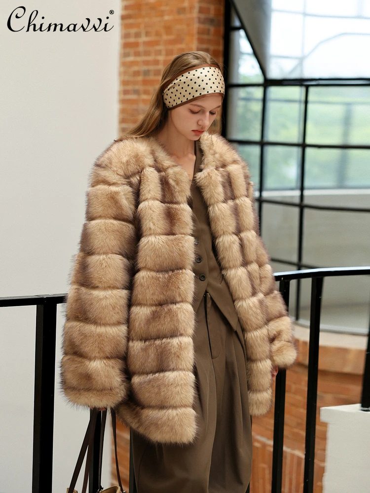 

Высококачественная модная теплая зимняя шуба из тяжелого искусственного лисьего меха средней длины с длинными рукавами, свободная универсальная элегантная легкая роскошная шуба